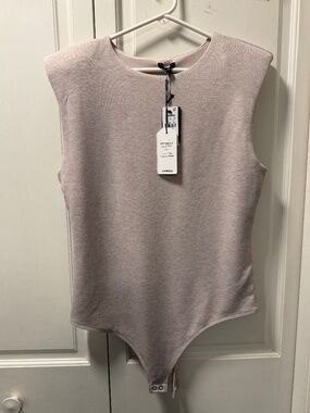 Express NTW Body Contour Shoulder Pad Bodysuit Beige Size Large